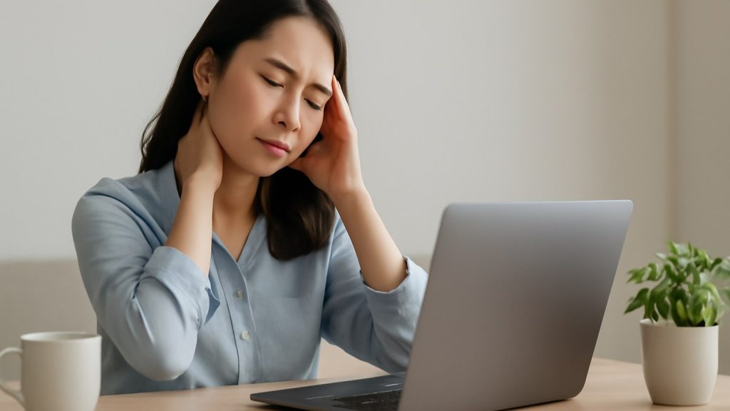 Minh họa: 1) Giữ sức khỏe mắt và giảm mỏi cổ – vai – gáy